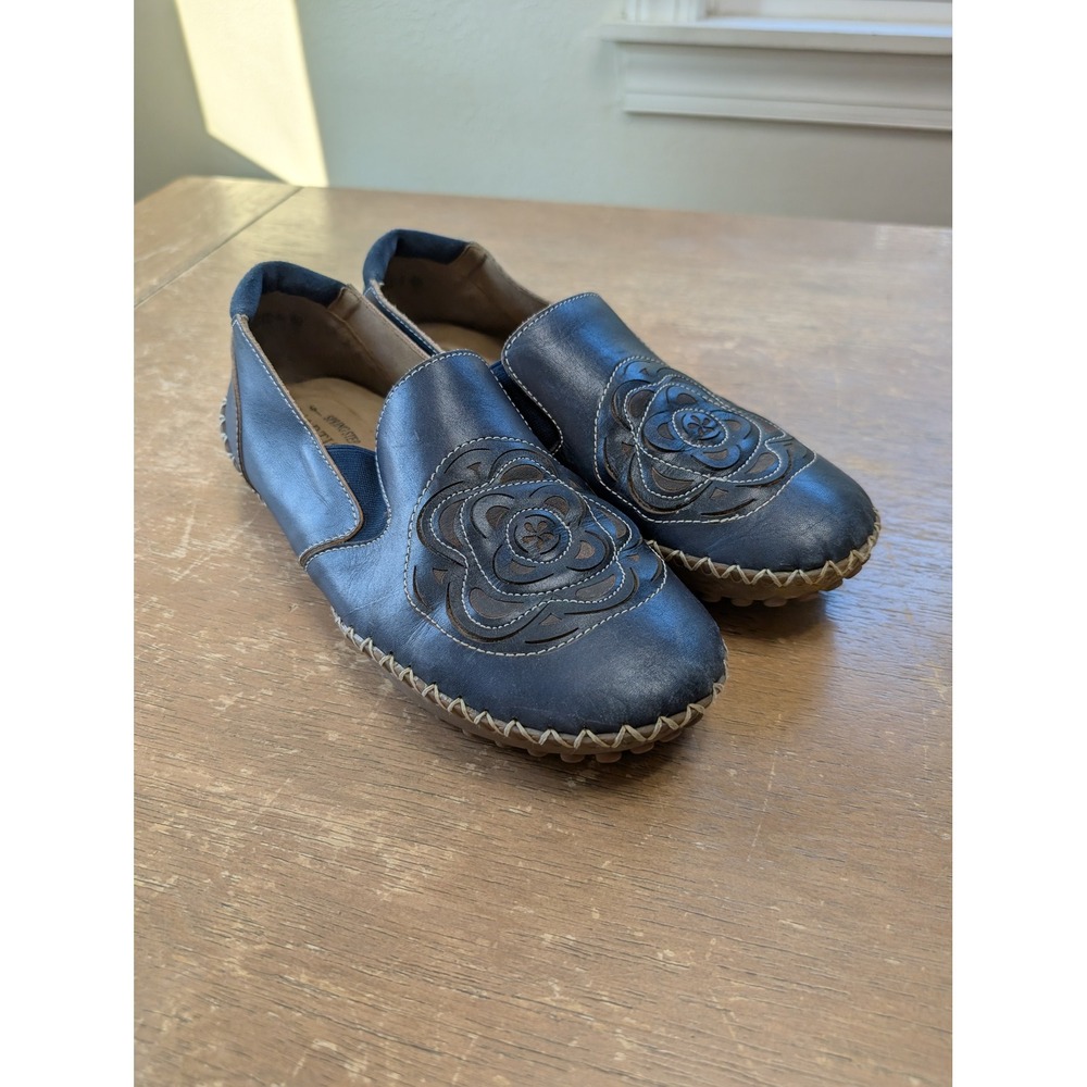 L'Artiste Spring Step Sandee Moccasin Navy Leather Floral Slip On Womens 40